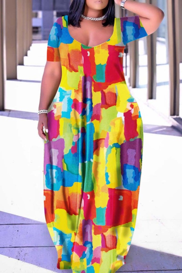 Цветное повседневное платье с принтом Базовое платье с коротким рукавом и V-образным вырезом Платья больших размеров