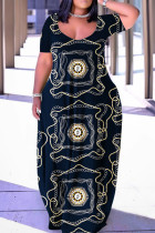 チベットブルー カジュアルプリント ベーシック Vネック 半袖ドレス プラスサイズドレス