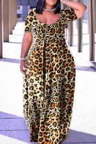 Leopard Print Casual Print Basic V Neck Short Sleeve Dress Plus Size Dresses