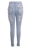 Dunkelblaue, lässige, solide, zerrissene Patchwork-Jeans in Übergröße