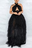 Zwart Sexy Casual Effen Patchwork Ruglooze halter Mouwloze jurk Grote maten jurken