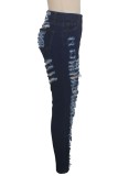 Dunkelblaue, lässige, solide, zerrissene Patchwork-Jeans in Übergröße