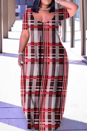 Red Casual Print Basic V Neck Short Sleeve Dress Plus Size Dresses