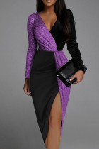 紫のセクシーなパッチワーク スリット コントラスト V ネック長袖ドレス