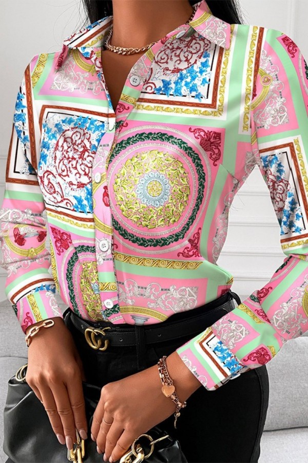 Blusas de colarinho com estampa casual rosa patchwork