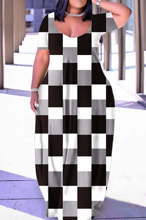 ブラック ホワイト カジュアル プリント ベーシック Vネック 半袖ドレス プラスサイズドレス