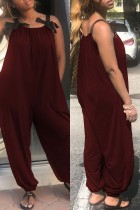 Burgundy Casual Solid Patchwork Backless Spaghetti Strap Vanliga Jumpsuits