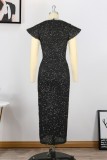 Schwarzes, sexy, formales Patchwork mit Pailletten, durchsichtiges O-Ausschnitt-Abendkleid, Kleider in Übergröße