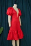 Rojo Casual Sólido Patchwork Escote en V transparente Línea A Vestidos de talla grande