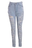 Baby Blue Casual Solid Ripped Patchwork Plus Size Jeans