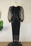 Черная сексуальная формальная лоскутная блестка, прозрачная юбка с круглым вырезом и одним шагом, платья больших размеров
