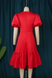Red Casual Solid Patchwork See-through V Neck A Line Plus Size Dresses