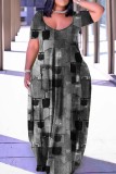 ローズレッドカジュアルプリントベーシックVネックショートスリーブドレスプラスサイズドレス