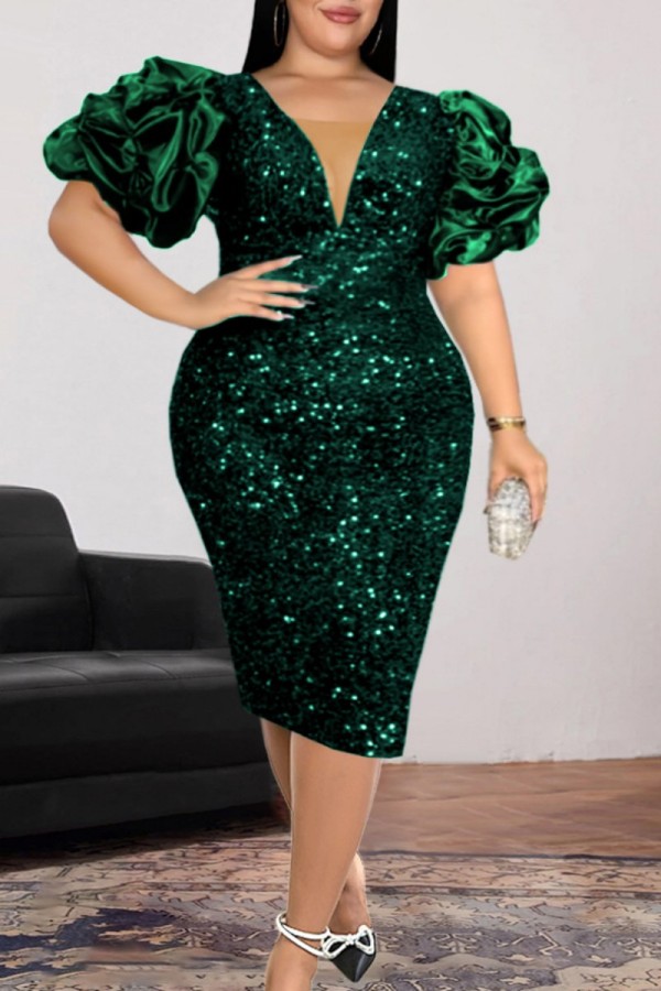 Tinta verde sexy formal patchwork lentejuelas cuello en V falda de un paso vestidos de talla grande