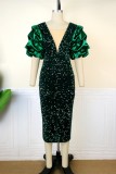 Tinta verde sexy formal patchwork lantejoulas decote em V saia de um passo vestidos plus size