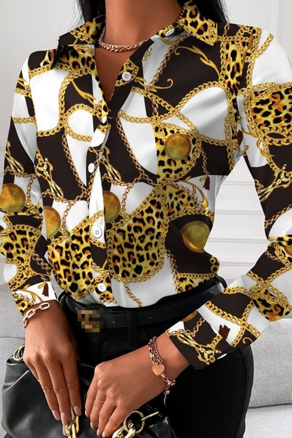 Top colletto camicia patchwork con stampa casual gialla