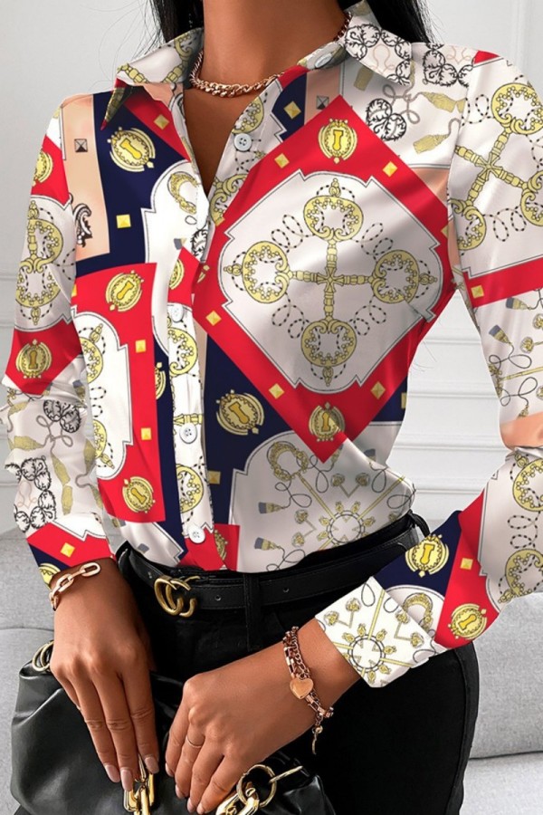 White Red Casual Print Patchwork Shirt Collar Tops