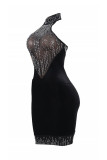 Vestido sin mangas halter sin espalda transparente con perforación en caliente de patchwork sexy negro Vestidos