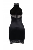 Black Sexy Patchwork Hot Drilling See-through Backless Halter Sleeveless Dress Dresses