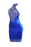 Blå Sexig Patchwork Hot Drilling Genomskinlig rygglös grimma ärmlös klänning