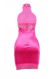 ピンクのセクシーなパッチワーク ホット ドリル シースルー バックレス ホルター ノースリーブ ドレス ドレス