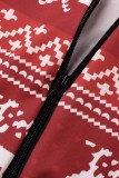 Rote, lässige Print-Patchwork-Reißverschluss-Kragen-Langarm-Kleider