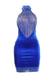 Blå Sexig Patchwork Hot Drilling Genomskinlig rygglös grimma ärmlös klänning