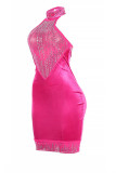 Pink Sexy Patchwork Hot Drilling See-through Backless Halter Sleeveless Dress Dresses