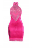 Vestido sin mangas halter sin espalda transparente con perforación en caliente de patchwork sexy rosa Vestidos