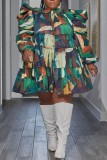Камуфляжное повседневное платье с принтом в стиле пэчворк и воротником-рубашкой Платья больших размеров