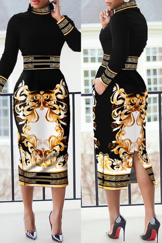 Black Gold Casual Print Patchwork Slit Turtleneck Long Sleeve Dresses