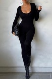 Black Casual Solid Basic O Neck Skinny Jumpsuits