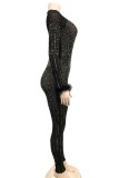 Rode Sexy Patchwork Hot Drilling See-through O Neck Skinny Jumpsuits