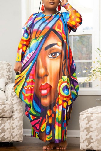 Blue Casual Print Basic O Neck Long Sleeve Plus Size Dresses