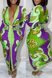 Ink Green Sexy Casual Print Patchwork Slit Fold V Neck Long Sleeve Dresses