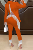Oranje mode effen kwastje turndown kraag lange mouw tweedelig