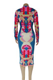 Red Sexy Casual Print Patchwork Slit Fold V Neck Long Sleeve Dresses