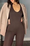 Coffee Casual Solid Basic O-Neck Skinny Jumpsuits