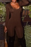 Coffee Casual Solid Basic O-Neck Skinny Jumpsuits
