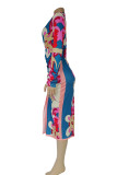 Blå Sexig Casual Print Patchwork Slit Vik V-hals långärmade klänningar
