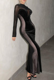 Schwarze, sexy, solide, durchsichtige Patchwork-Trompeten-Meerjungfrauenkleider mit O-Ausschnitt