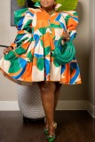 オレンジ グリーン カジュアル プリント パッチワーク シャツ カラー シャツ ドレス プラス サイズのドレス