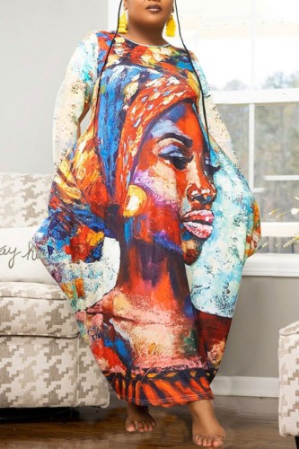 Multicolor Casual Print Basic O Neck Long Sleeve Plus Size Dresses