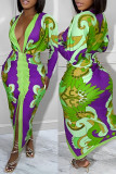 Vestidos manga longa com estampa sexy verde tinta patchwork com decote em V