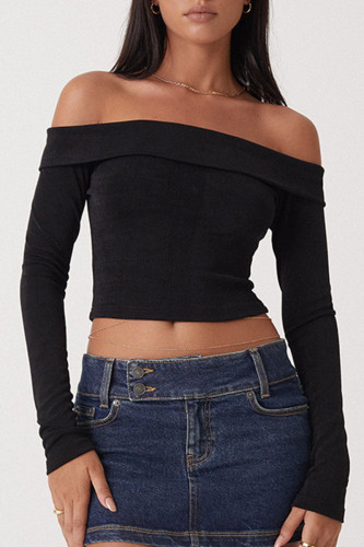 Black Sexy Solid Patchwork Off the Shoulder Tops
