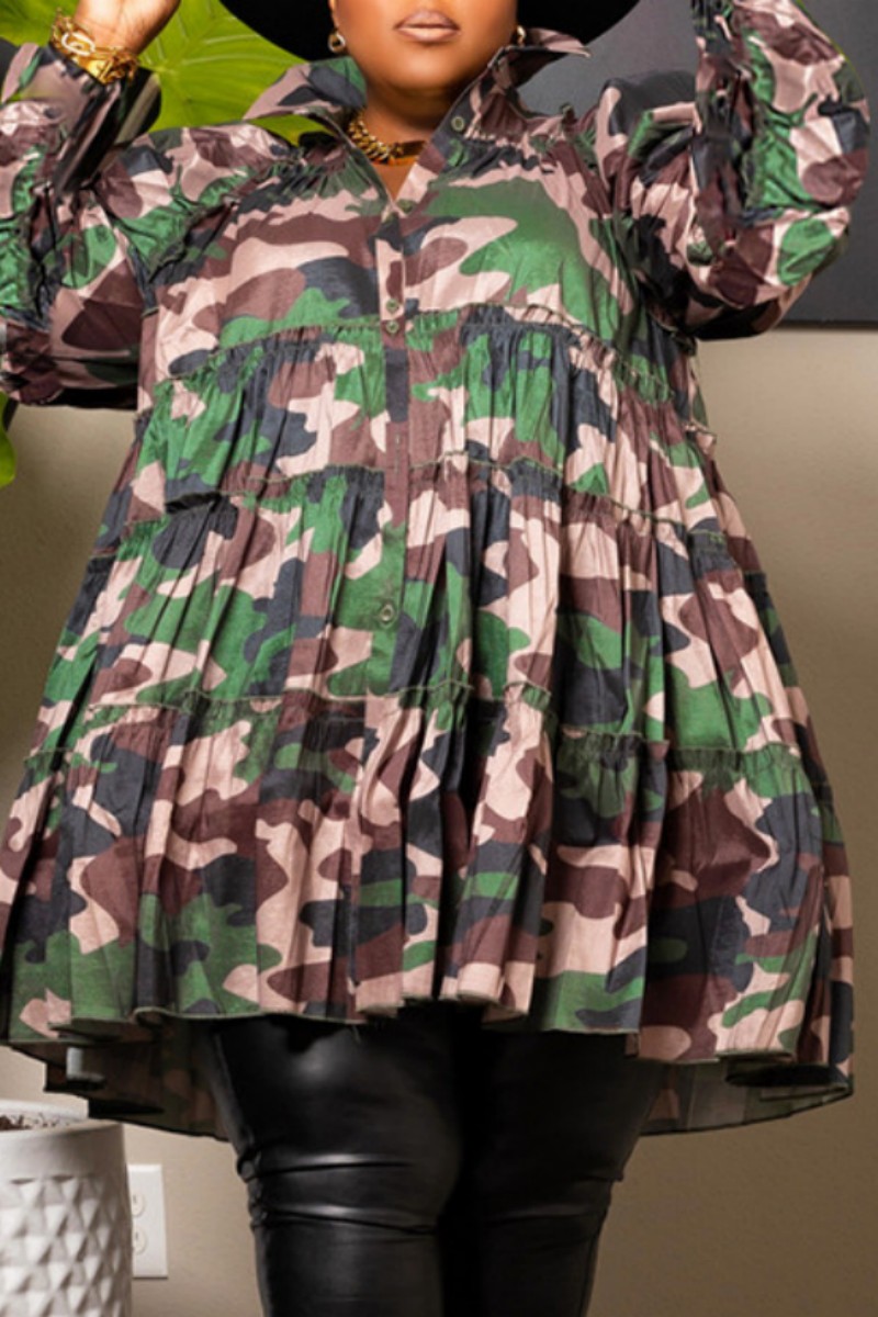 

Camouflage Casual Print Patchwork Shirt Collar Shirt Dress Plus Size Dresses