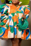 ブルー オレンジ カジュアル プリント パッチワーク シャツ カラー シャツ ドレス プラス サイズのドレス