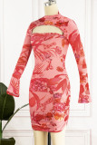 Розовый сексуальный принт выдалбливают лоскутное платье с круглым вырезом и юбкой-карандашом платья