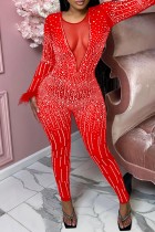 Rot Sexy Patchwork Hot Drilling Durchsichtige O-Ausschnitt Skinny Jumpsuits