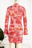 Robes de jupe crayon à col rond en patchwork à imprimé sexy rose